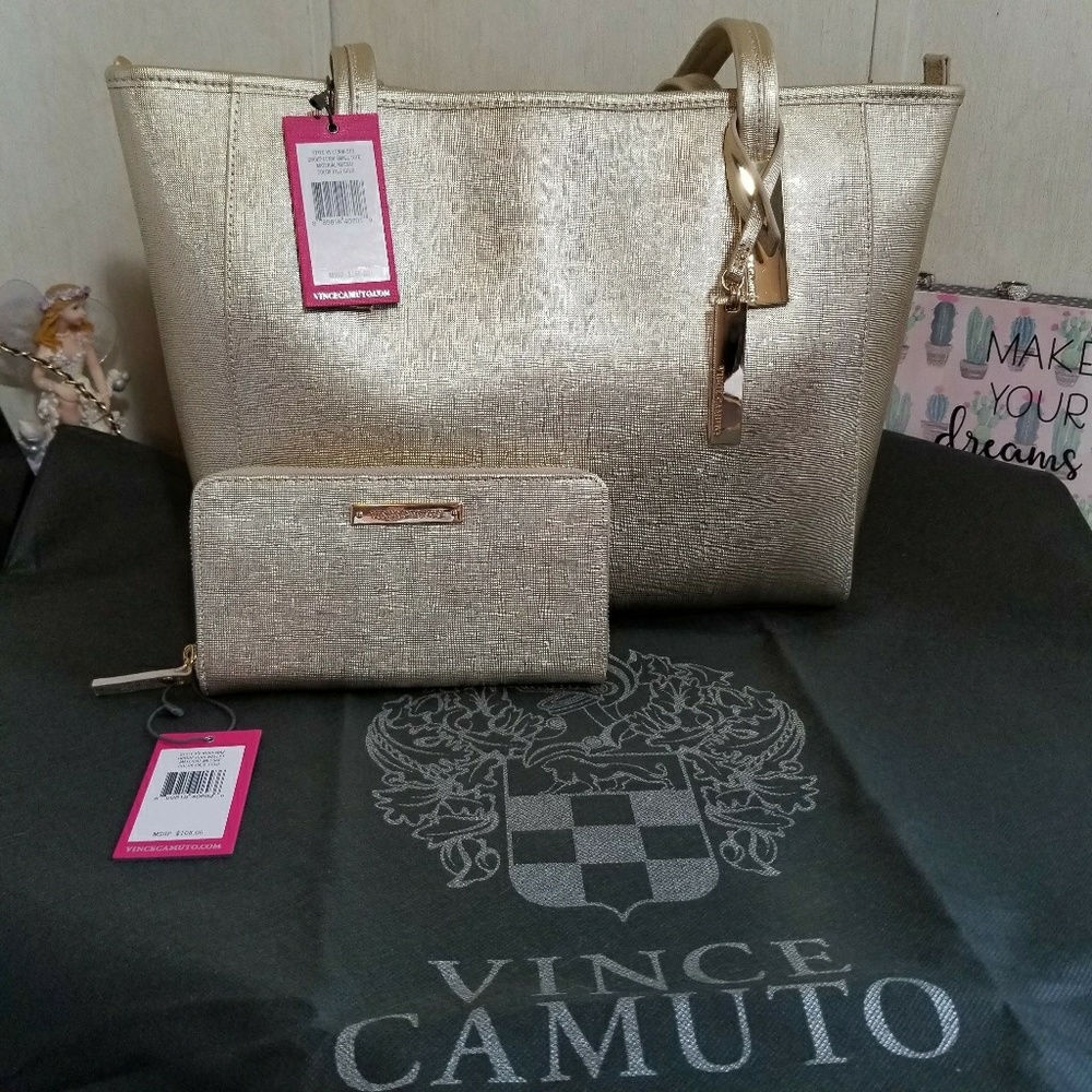 Vince Camuto Gold Lenni tote bag + Rori wallet set